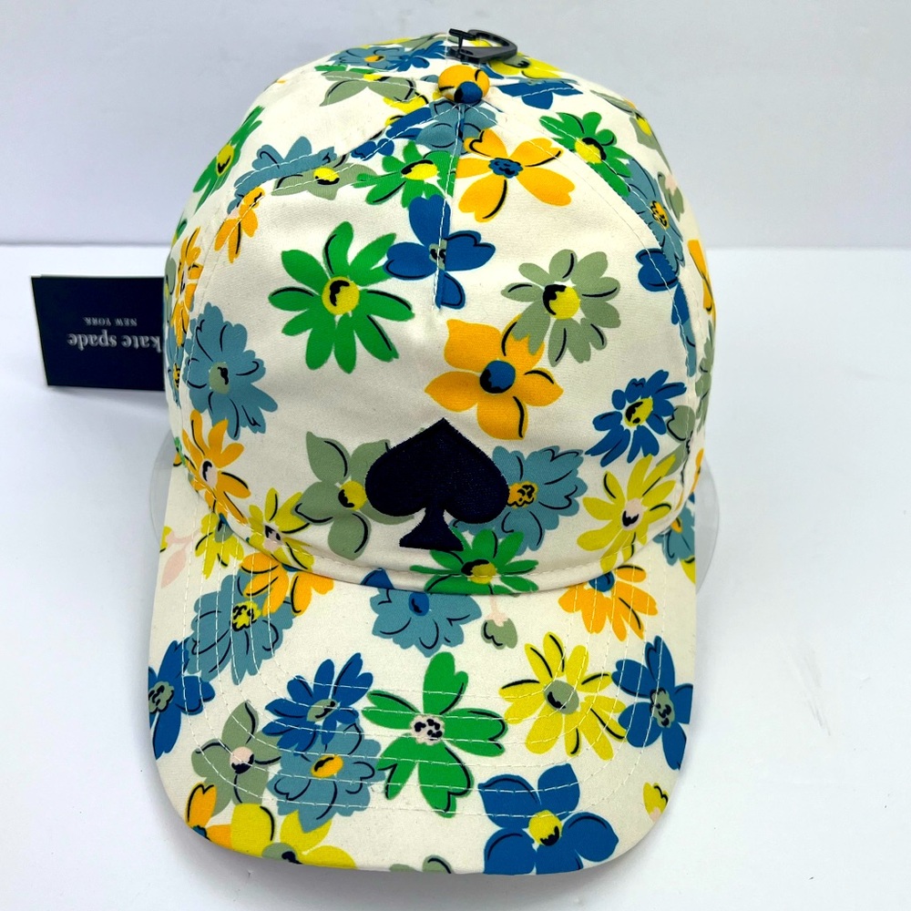 KATE SPADE NEW YORK LADIES CAP/HAT, WHITE WITH COLORFUL FLOWERS PATTERN ALL OVER